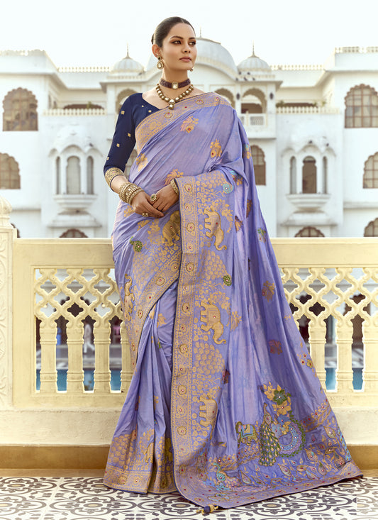 Graceful Lavender Dola Silk Handwork Wedding Saree