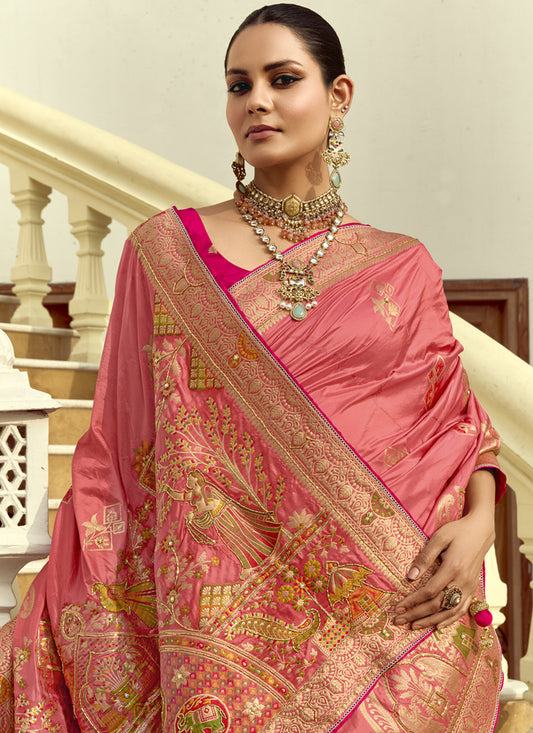 Luxurious Melon Pink Dola Silk Handwork Wedding Saree