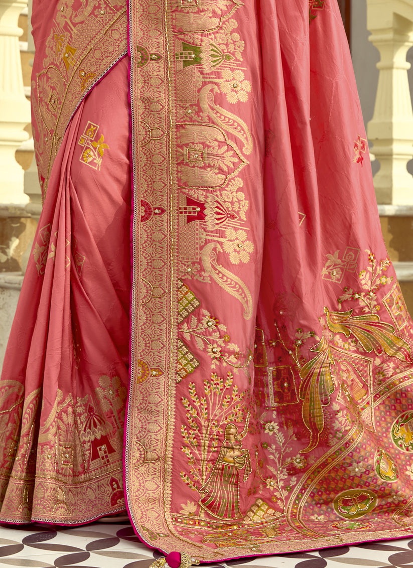 Luxurious Melon Pink Dola Silk Handwork Wedding Saree