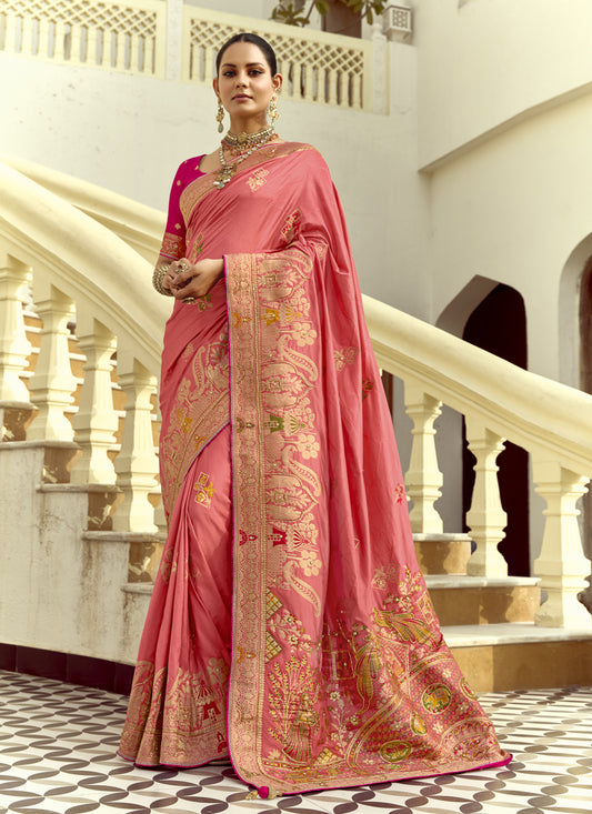 Luxurious Melon Pink Dola Silk Handwork Wedding Saree
