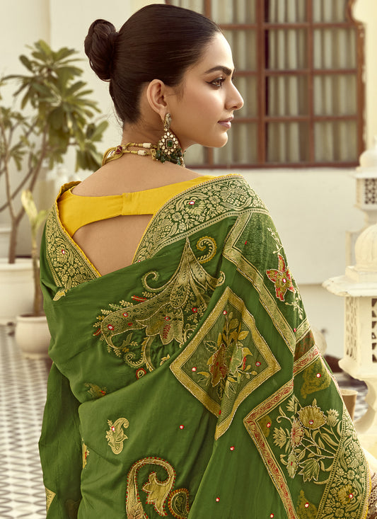 Striking Olive Green Dola Silk Handwork Wedding Saree