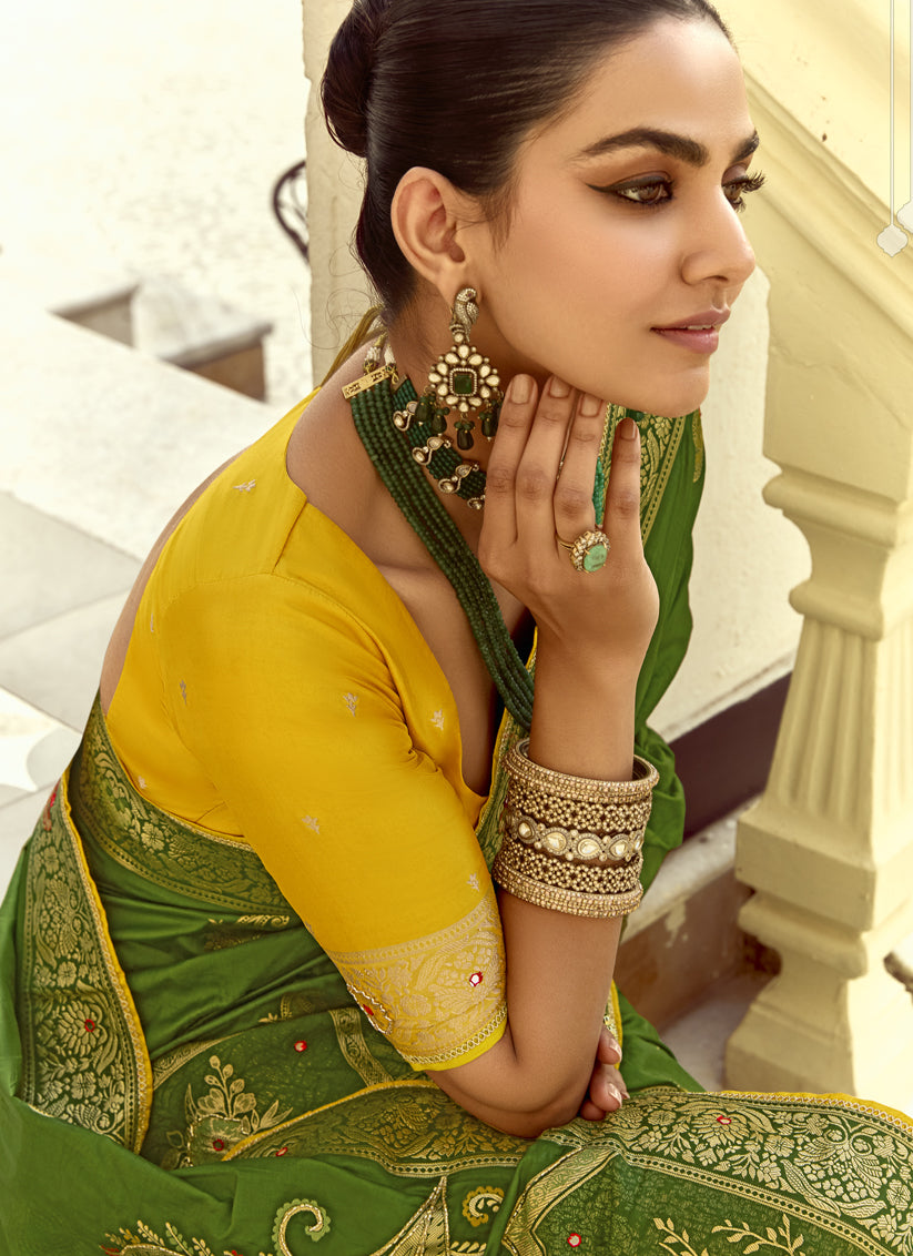 Striking Olive Green Dola Silk Handwork Wedding Saree