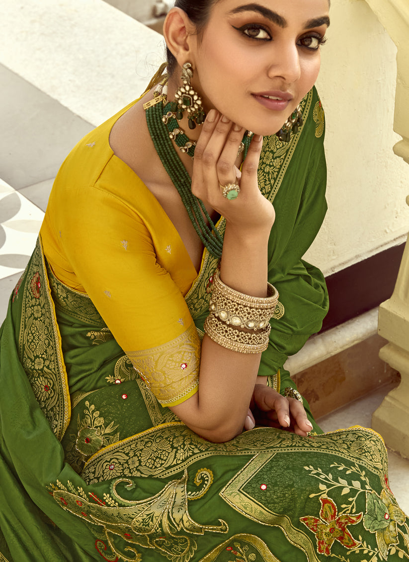 Striking Olive Green Dola Silk Handwork Wedding Saree