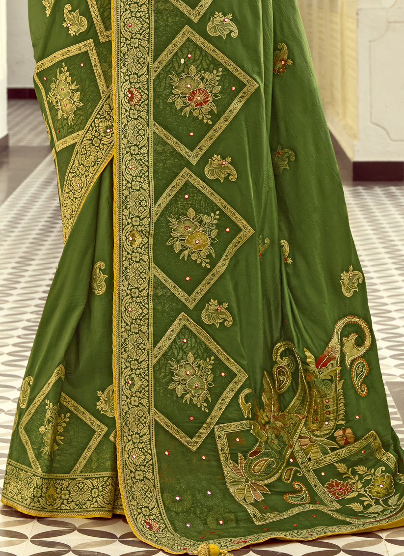 Striking Olive Green Dola Silk Handwork Wedding Saree