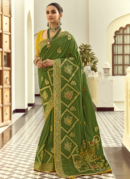 Striking Olive Green Dola Silk Handwork Wedding Saree