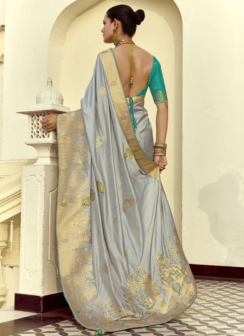 Vibrant Silver Dola Silk Handwork Wedding Saree