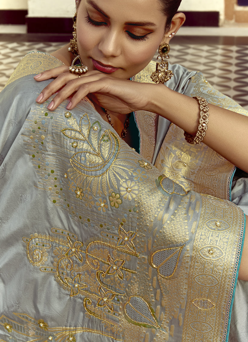 Vibrant Silver Dola Silk Handwork Wedding Saree