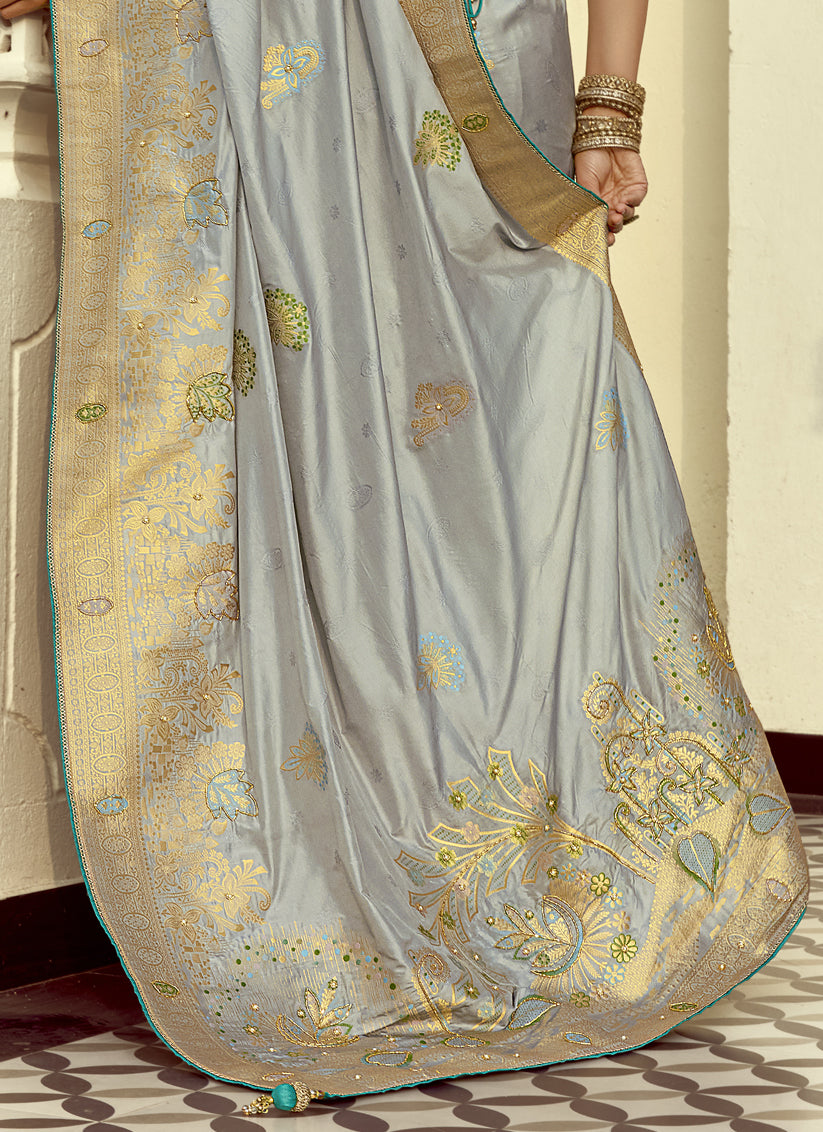Vibrant Silver Dola Silk Handwork Wedding Saree