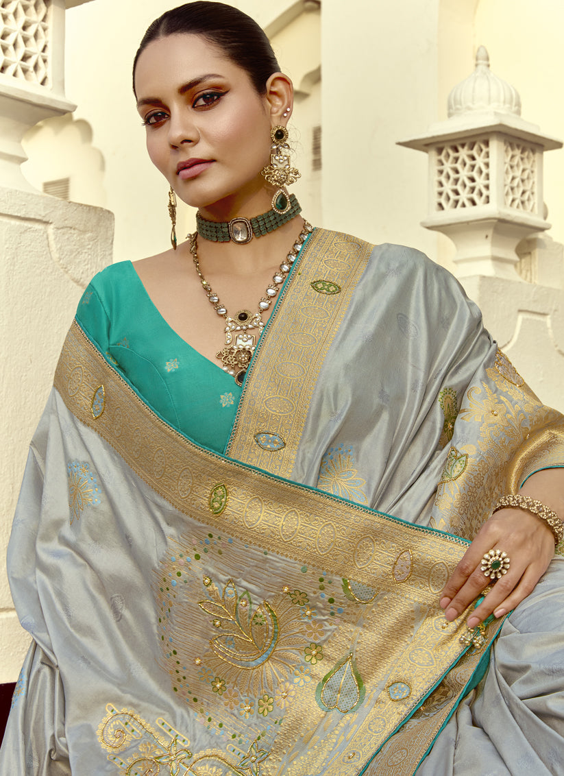 Vibrant Silver Dola Silk Handwork Wedding Saree