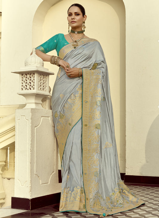 Vibrant Silver Dola Silk Handwork Wedding Saree