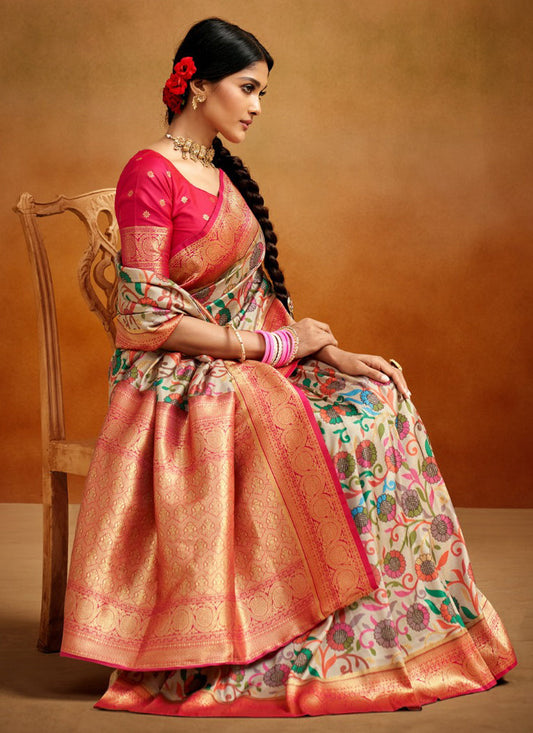 Cream Banarasi Silk Woven Festival Saree