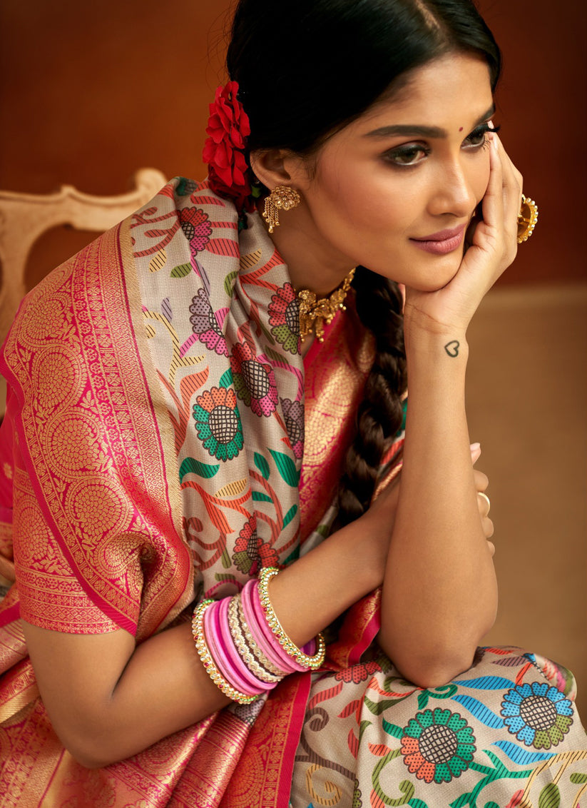 Cream Banarasi Silk Woven Festival Saree