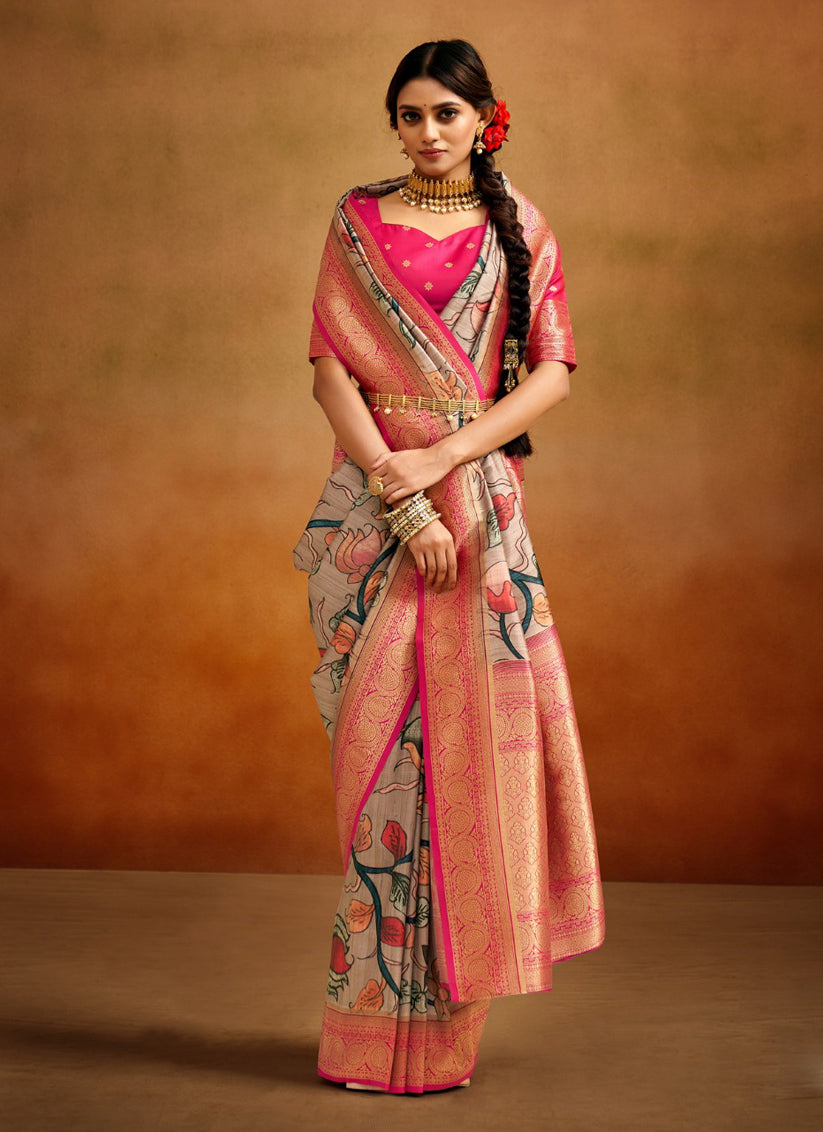 Beige Banarasi Silk Woven Festival Saree