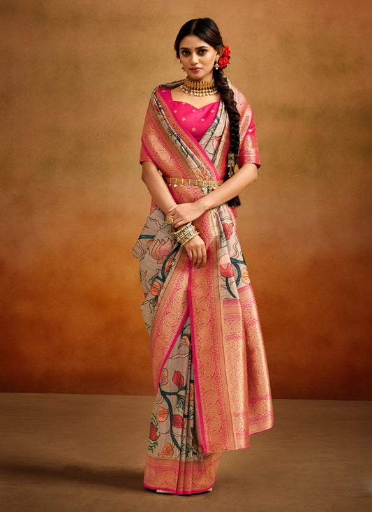 Beige Banarasi Silk Woven Festival Saree