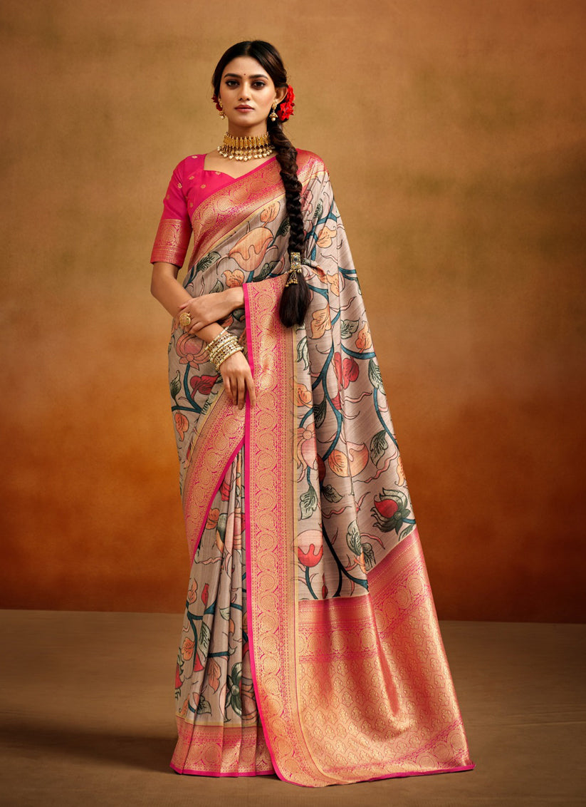 Beige Banarasi Silk Woven Festival Saree