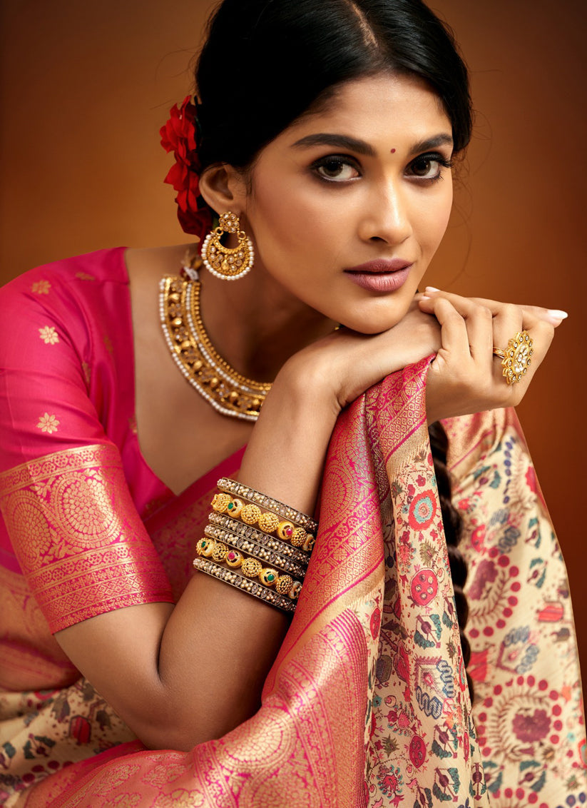 Beige Banarasi Silk Woven Festival Saree