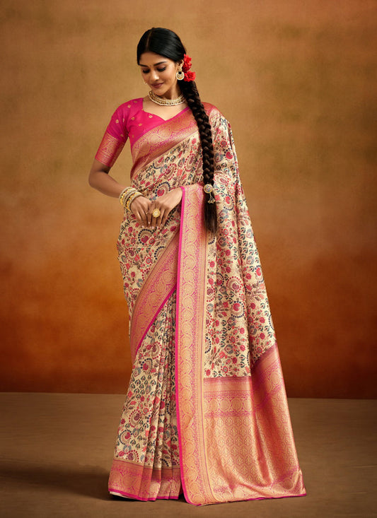 Beige Banarasi Silk Woven Festival Saree