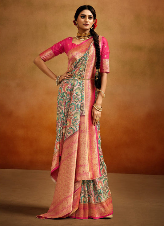 Beige Banarasi Silk Woven Festival Saree