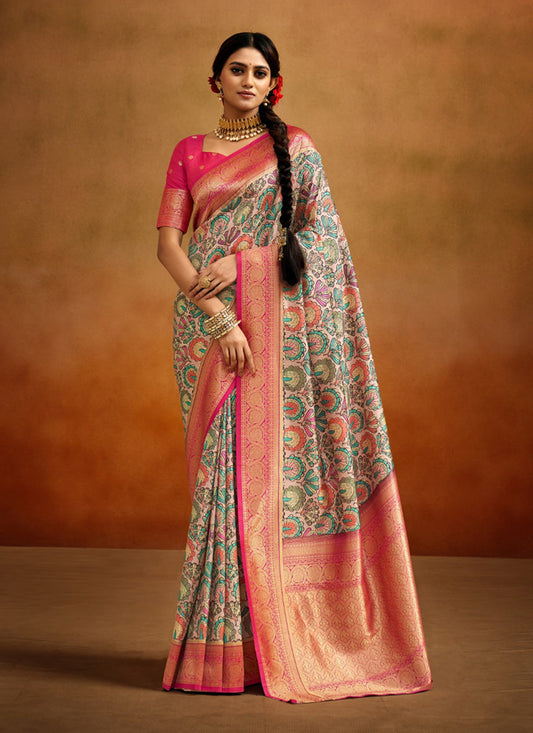 Beige Banarasi Silk Woven Festival Saree