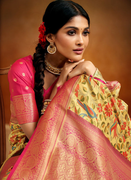 Lemon Yellow Banarasi Silk Woven Festival Saree