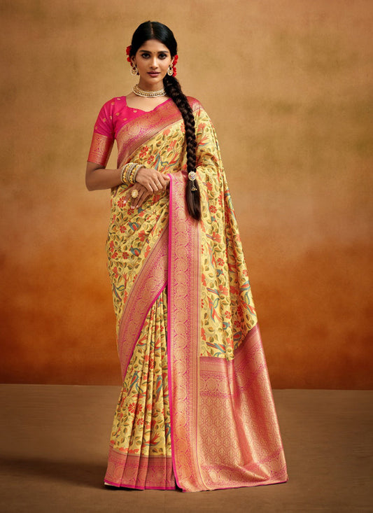 Lemon Yellow Banarasi Silk Woven Festival Saree