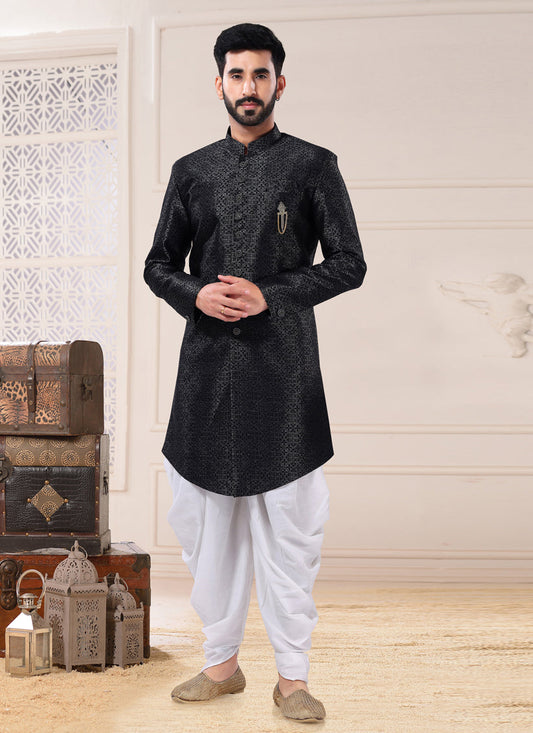Black Jacquard Jacquard Semi Indo Western Outfit