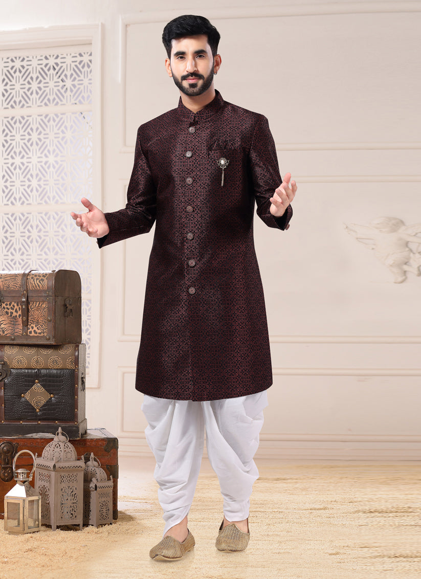 Wine Jacquard Semi Indo Western Outfit