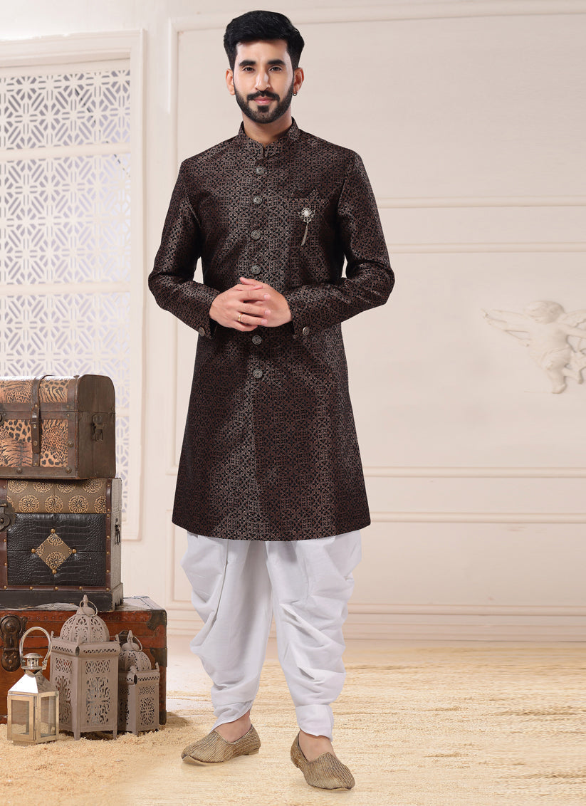 Brown Jacquard Semi Indo Western Outfit