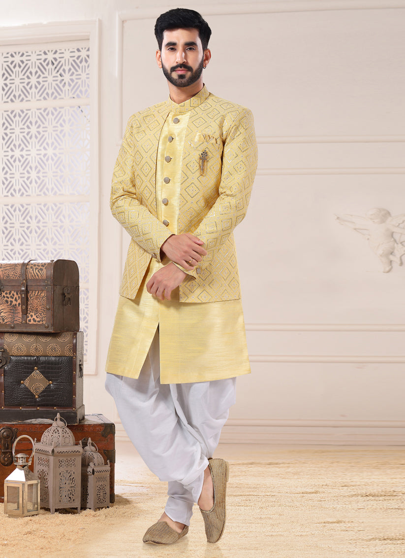Yellow Silk Semi Indo Western Outfit