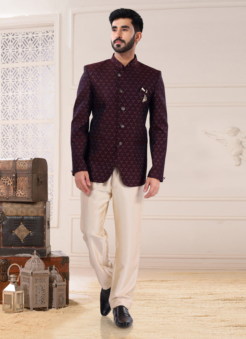 Maroon Jacquard Jodhpuri Suit