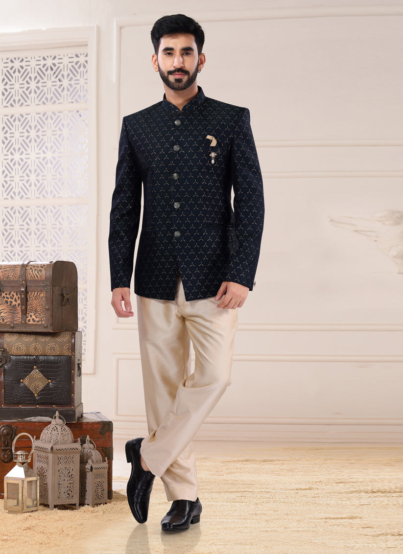 Pine Green Jacquard Jodhpuri Suit