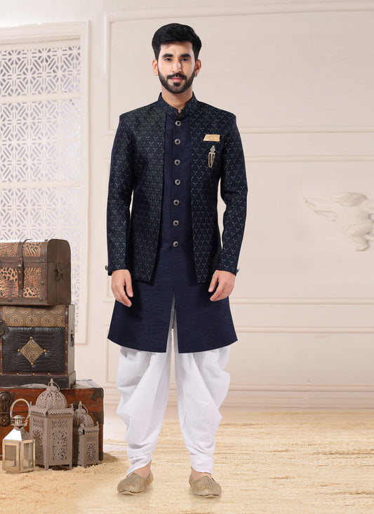 Navy Blue Silk Semi Indo Western Outfit