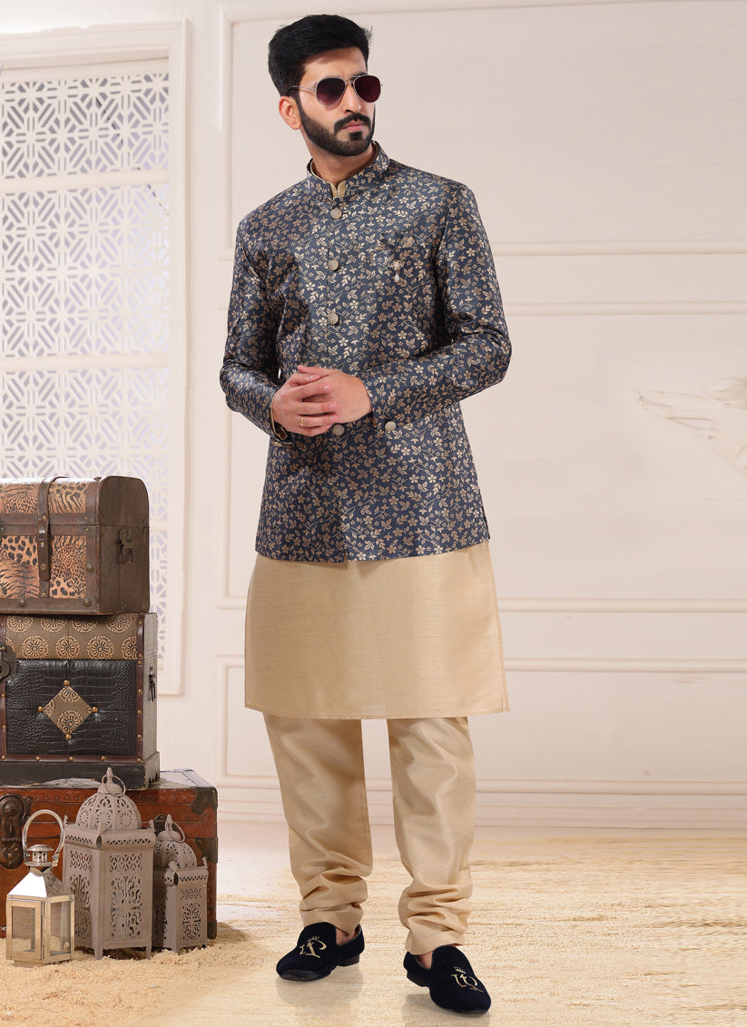 Golden and Navy Blue Jacquard Indo Western Outfit