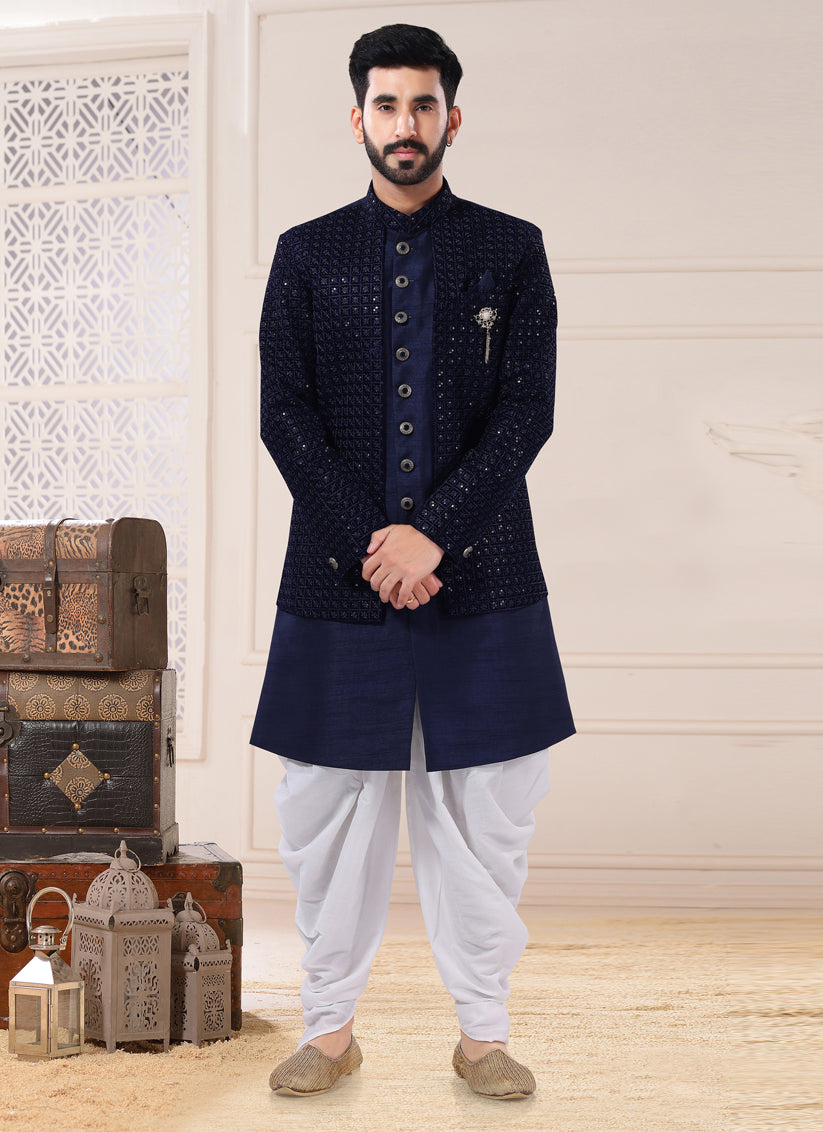 Navy Blue Silk Semi Indo Western Outfit