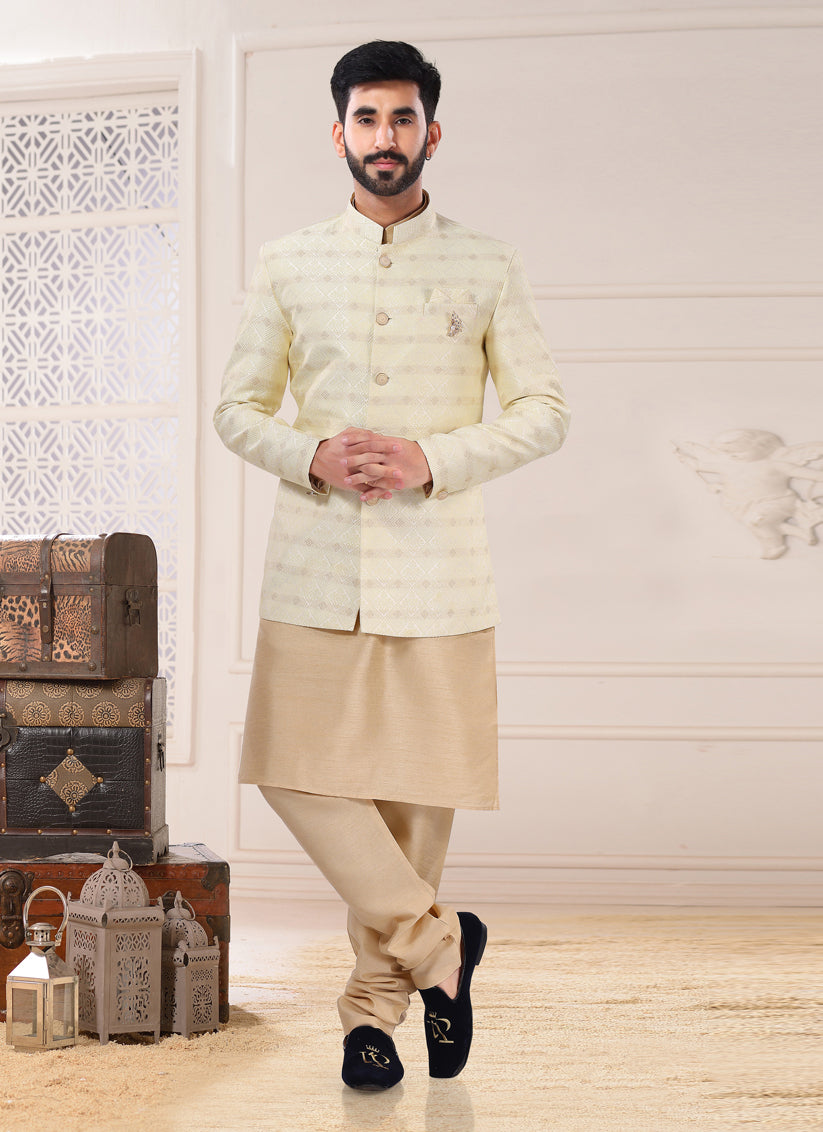 Cream Jacquard Semi Indo Western Outfit
