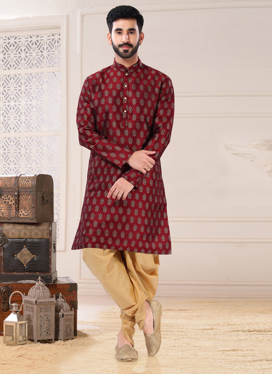 Maroon Jacquard Kurta Pyjama Set