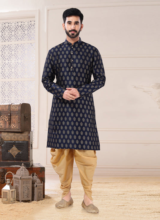 Navy Blue Jacquard Kurta Pyjama Set