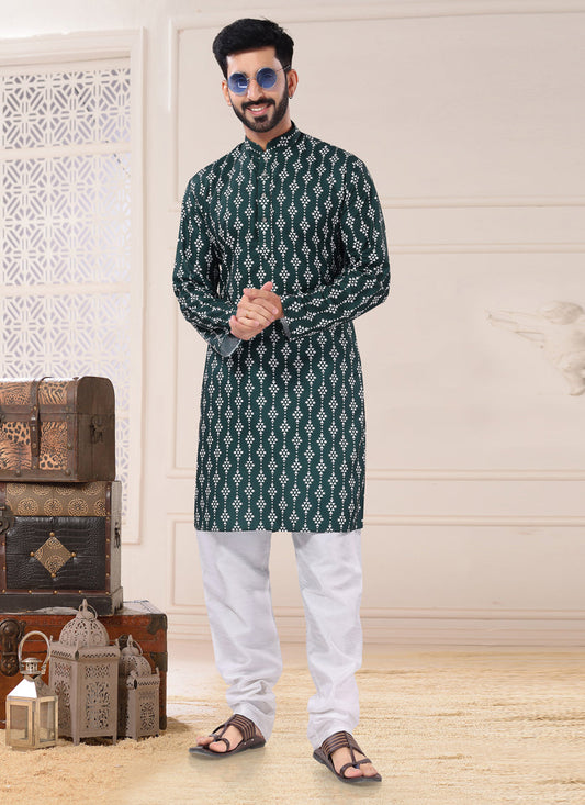 Green Cotton Kurta Pyjama Set