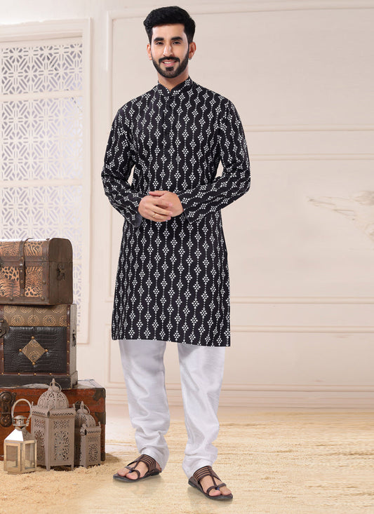 Black Cotton Kurta Pyjama Set