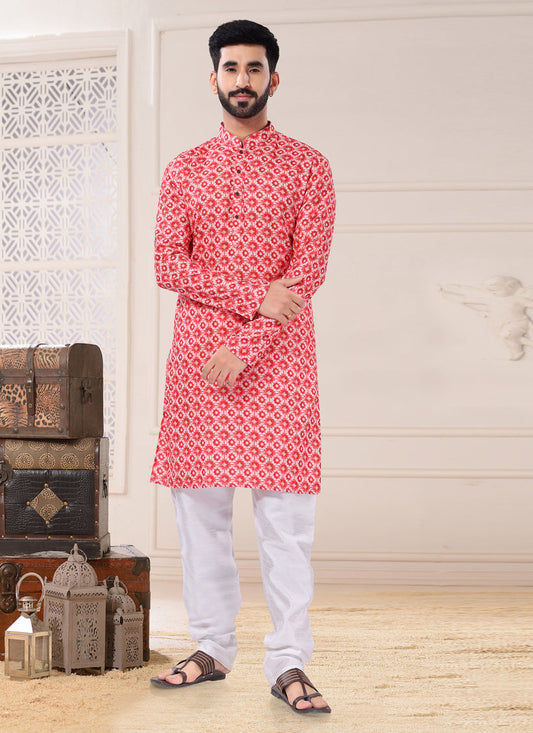 Red Cotton Kurta Pyjama Set