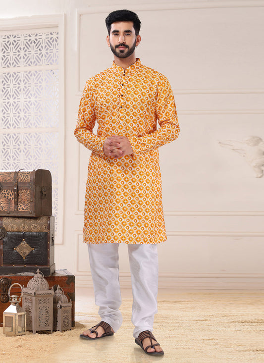Yellow Cotton Kurta Pyjama Set