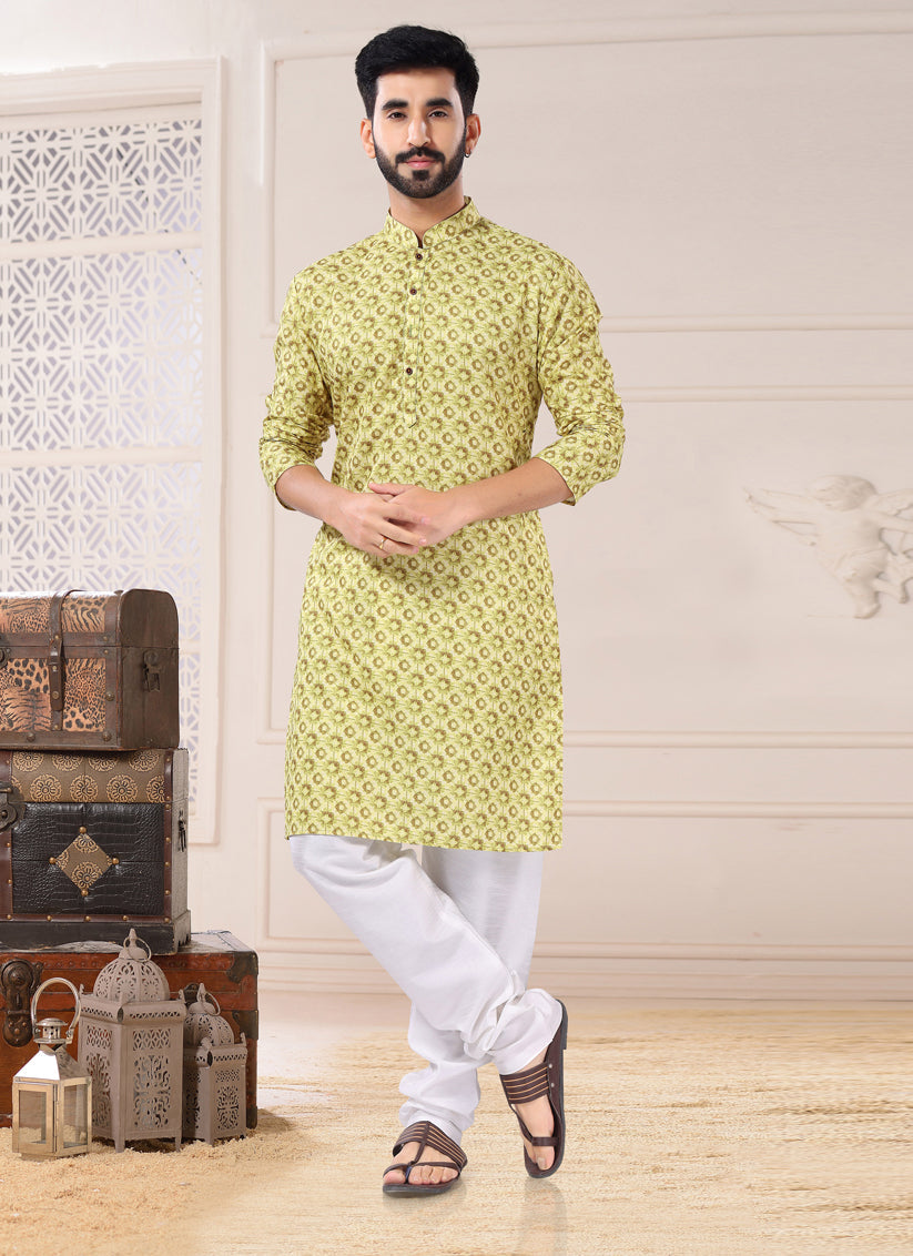 Pista Green Cotton Kurta Pyjama Set