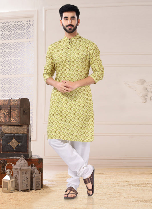 Pista Green Cotton Kurta Pyjama Set