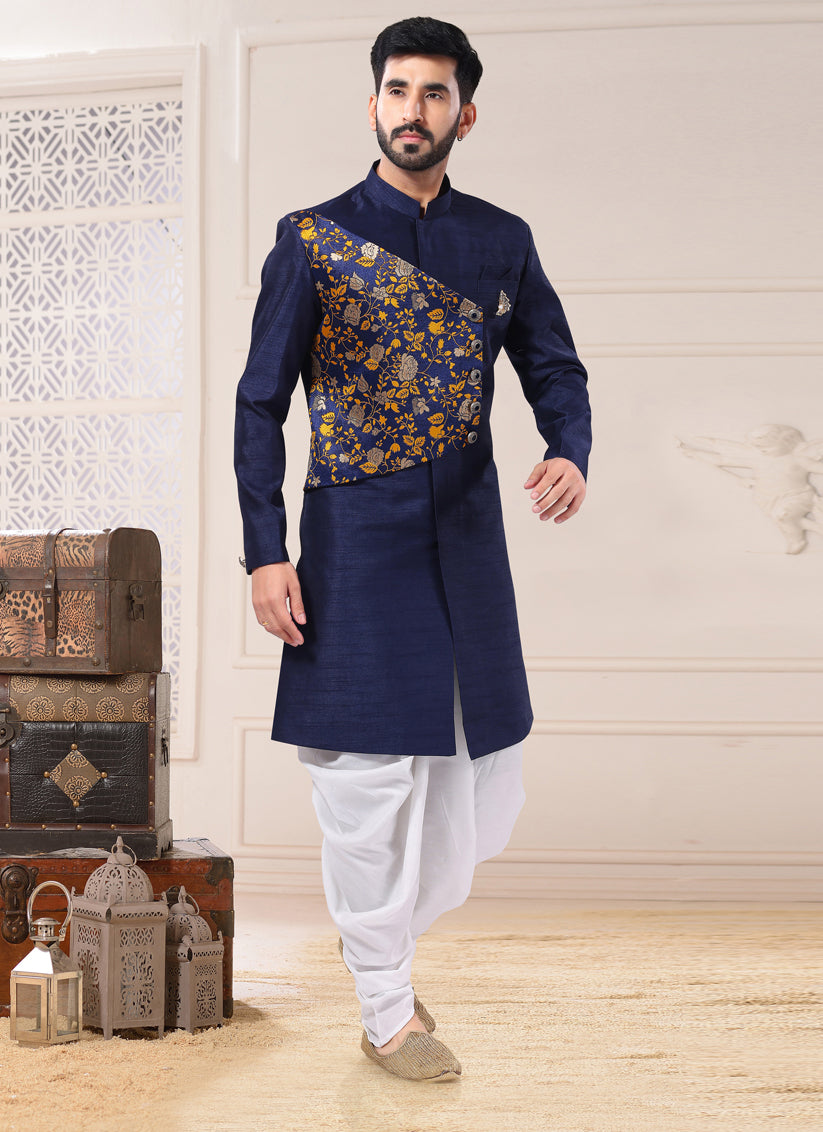 Navy Blue Silk Semi Indo Western Outfit