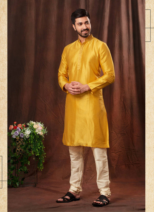 Golden Yellow Jacquard Men Kurta Pyjama Set