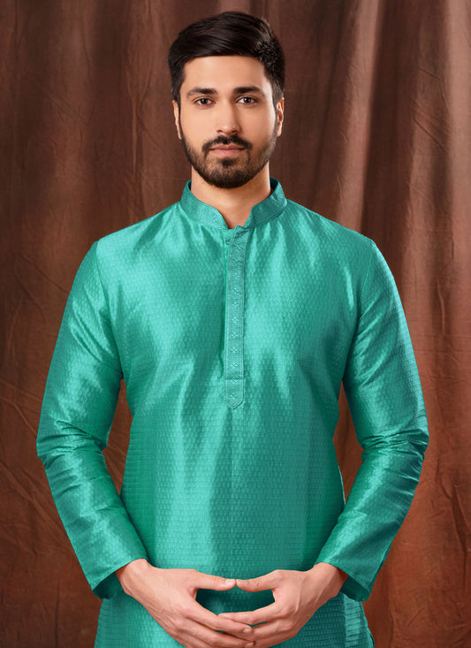 Turquoise Jacquard Men Kurta Pyjama Set