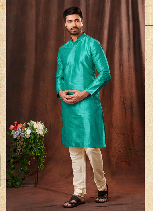 Turquoise Jacquard Men Kurta Pyjama Set