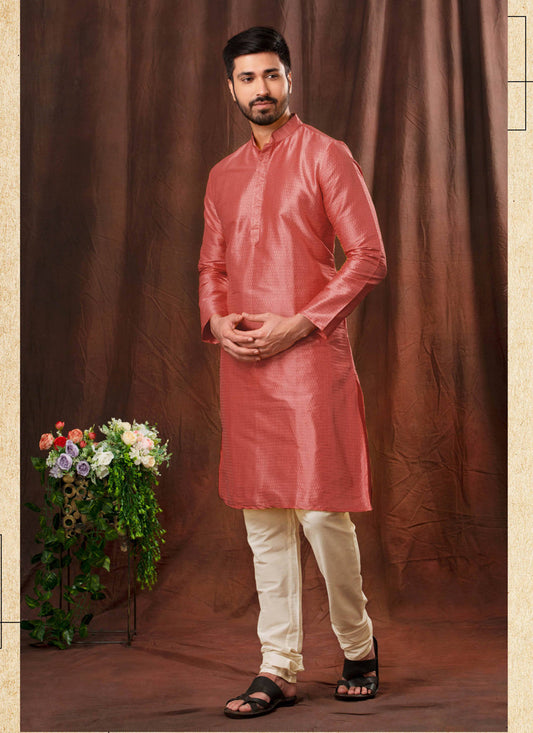 Salmon Pink Jacquard Men Kurta Pyjama Set