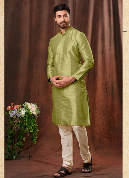 Pear Green Jacquard Men Kurta Pyjama Set