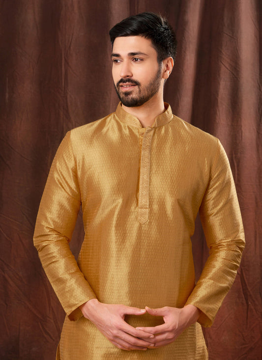 Golden Jacquard Men Kurta Pyjama Set
